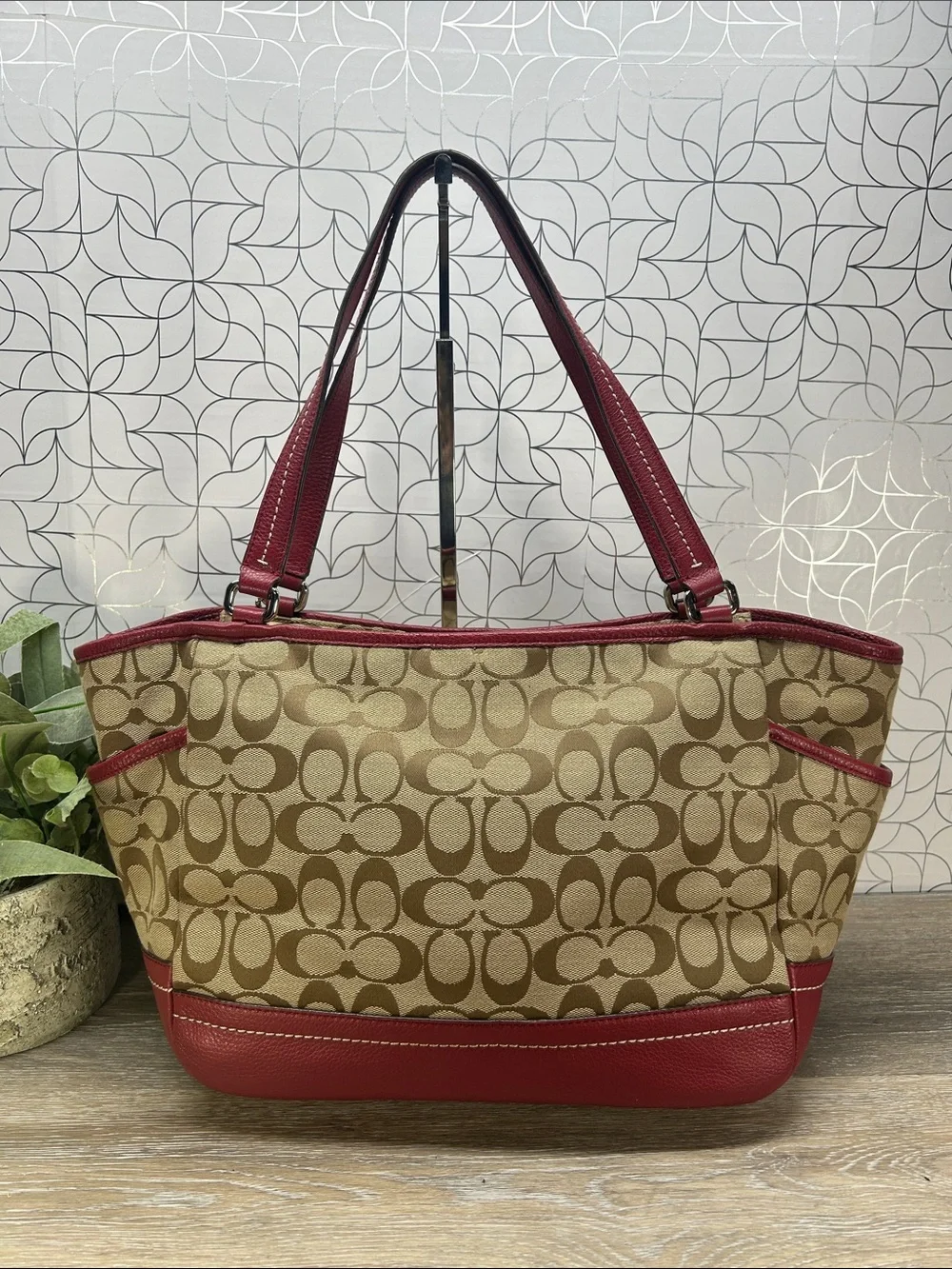Coach Signature Canvas Tote with Red Leather Trim